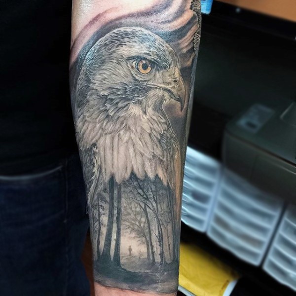 手臂令人惊叹的鹰与神秘森林纹身图案