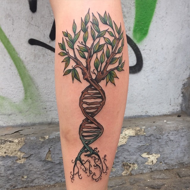 小腿美丽的彩色DNA形状树纹身图案