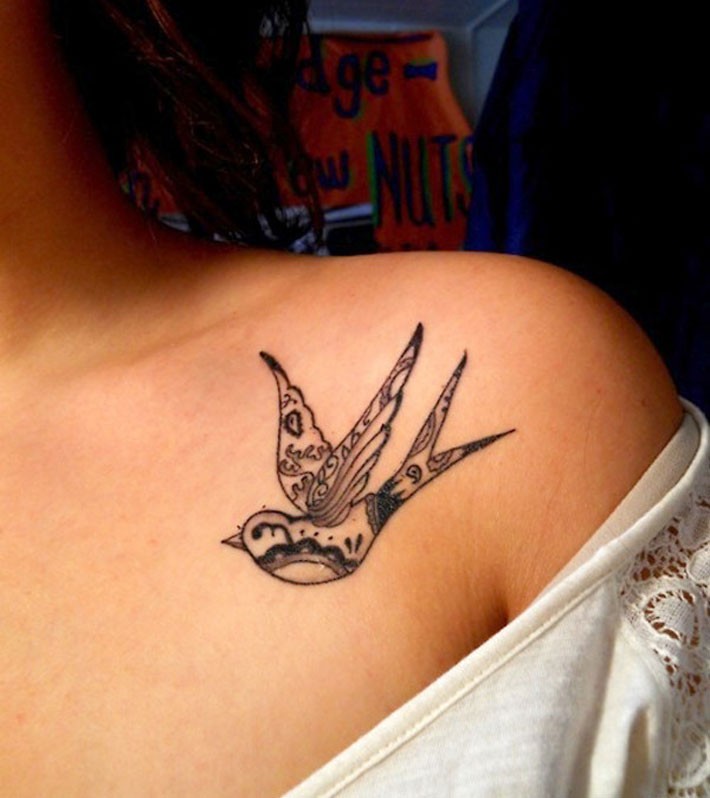 女生锁骨很酷的小鸟纹身图案