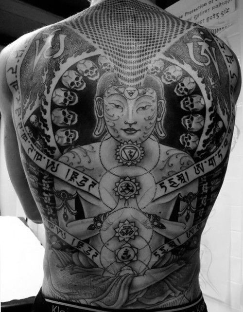 背部印度教风格黑色沉思的如来佛祖纹身图案