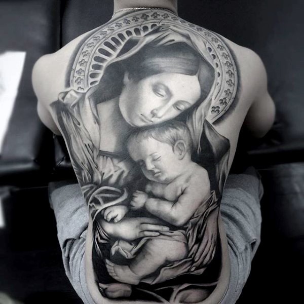背部写实风格的宗教人物纹身图案
