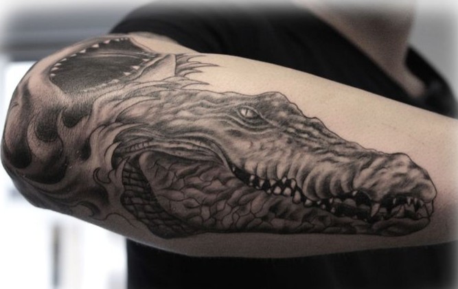 手臂黑灰惊人的鳄鱼头部纹身图案