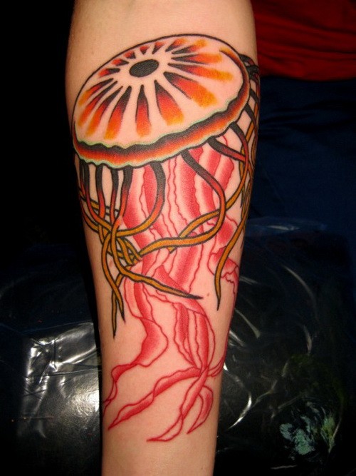 好看的橙色和红色水母手臂纹身图案