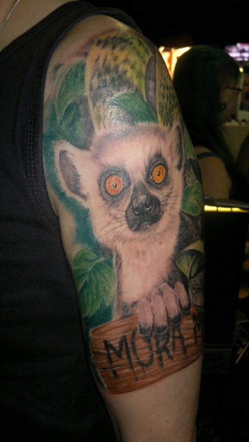 大臂很酷多彩的狐猴和热带树叶纹身图案