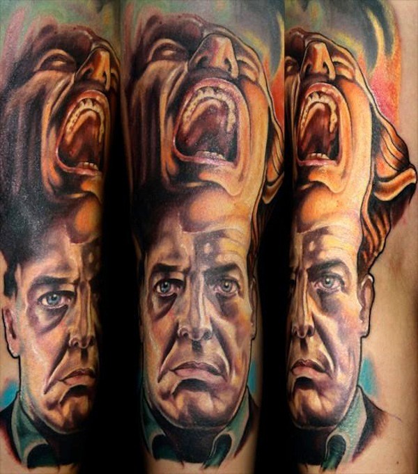 手臂彩色恐怖风格两个男性肖像纹身图案
