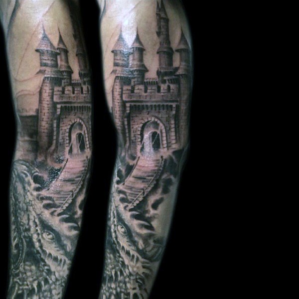 手臂黑白旧中世纪城堡纹身图案
