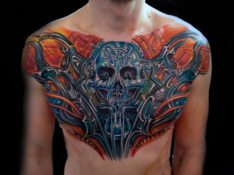 胸部幻想风格彩色机械骨架纹身图案