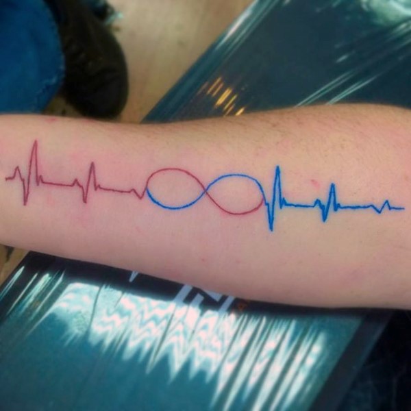 手臂红色和蓝色的无限符号与心电图纹身图案