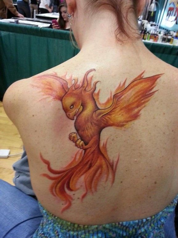 背部火红的凤凰纹身图案