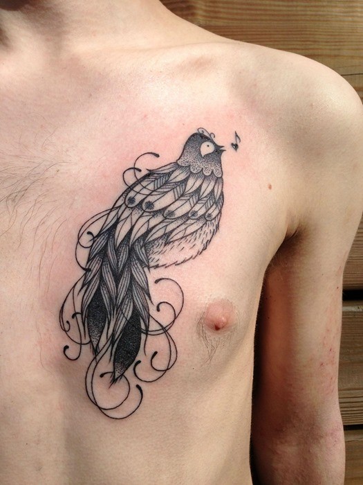 胸部黑灰点刺线条可爱的小鸟纹身图案
