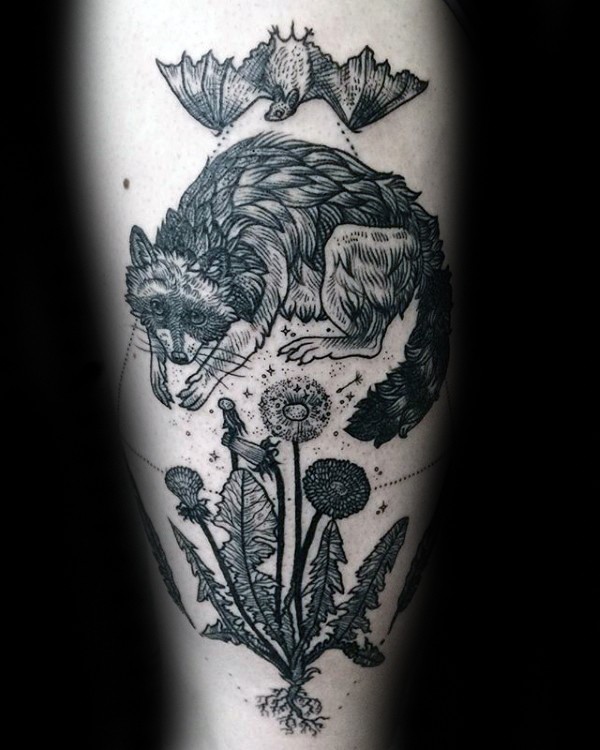 雕刻风格黑色线条花朵与狐狸和蝙蝠纹身图案