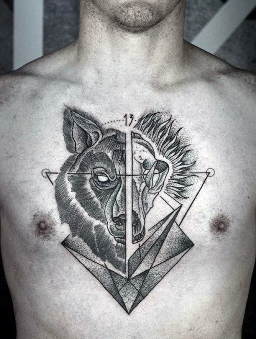 雕刻风格胸部黑色狼头与几何图形纹身图案