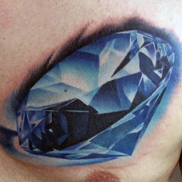 胸部逼真的蓝色纯钻石纹身图案