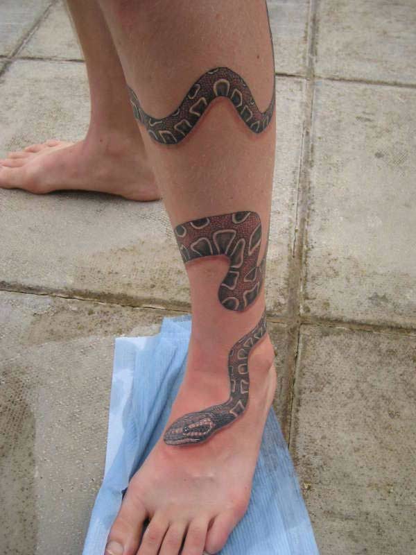个性的彩绘蛇缠小腿纹身图案