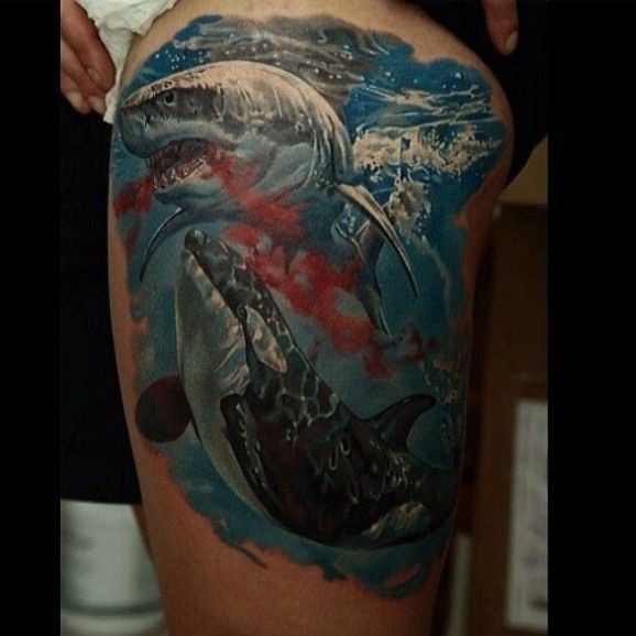 大腿写实可怕的鲨鱼和鲸纹身图案
