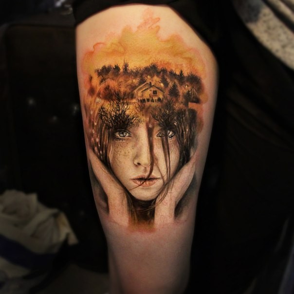 大腿插画风格可爱的女孩与森林纹身图案
