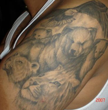 大臂熊和狮子黑灰纹身图案