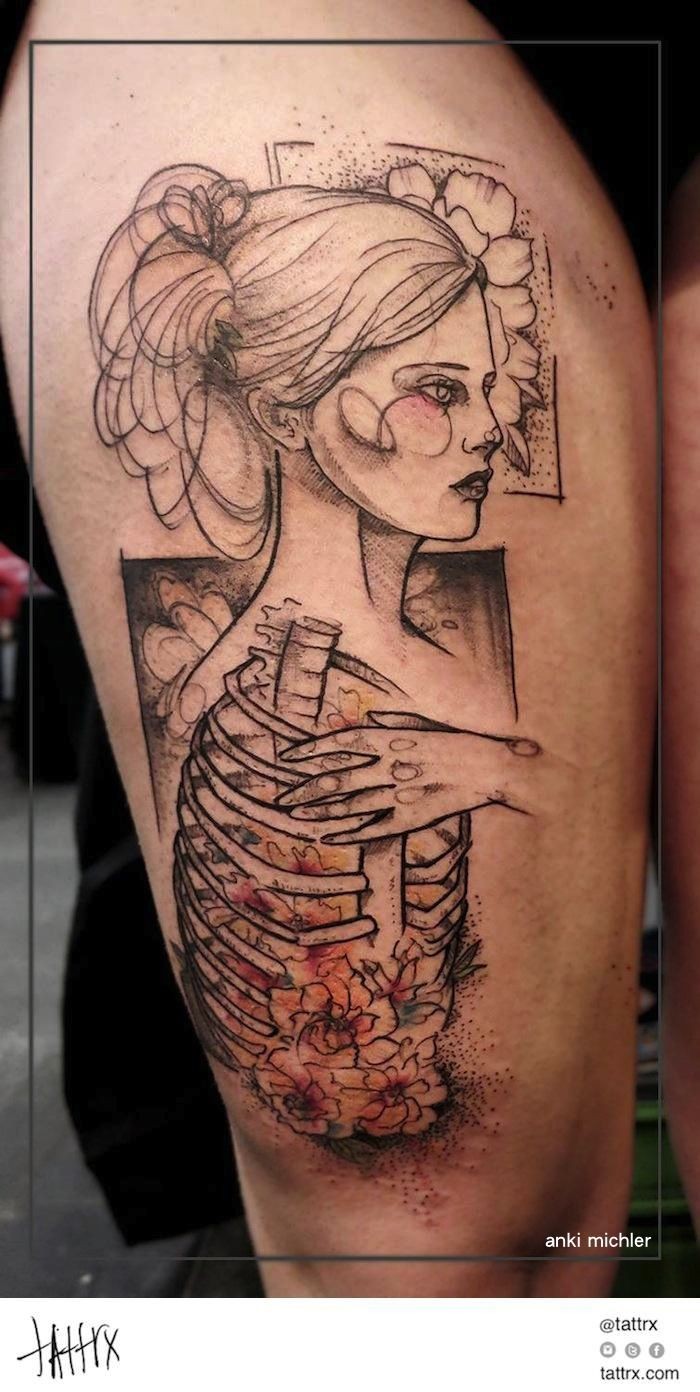 大腿素描风格黑色线条女人与骨架花朵纹身图案
