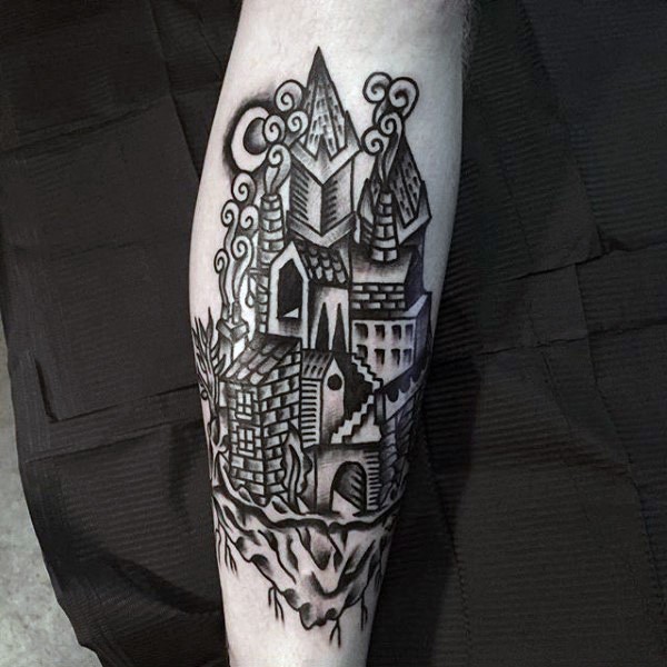 手臂可爱的卡通黑色城堡个性纹身图案