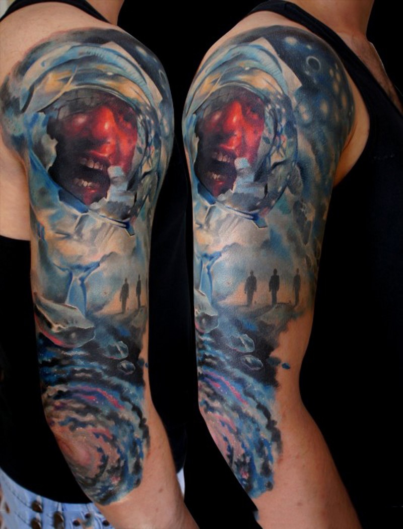 手臂难以置信的彩色太空和宇航员肖像纹身图案