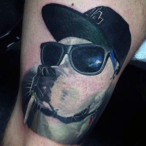 手臂有趣的墨镜狗头像纹身图案