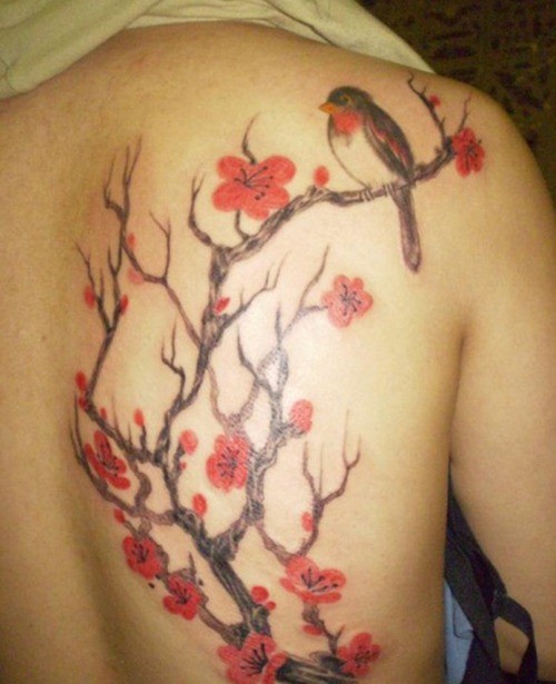 背部鸟和樱花彩绘纹身图案