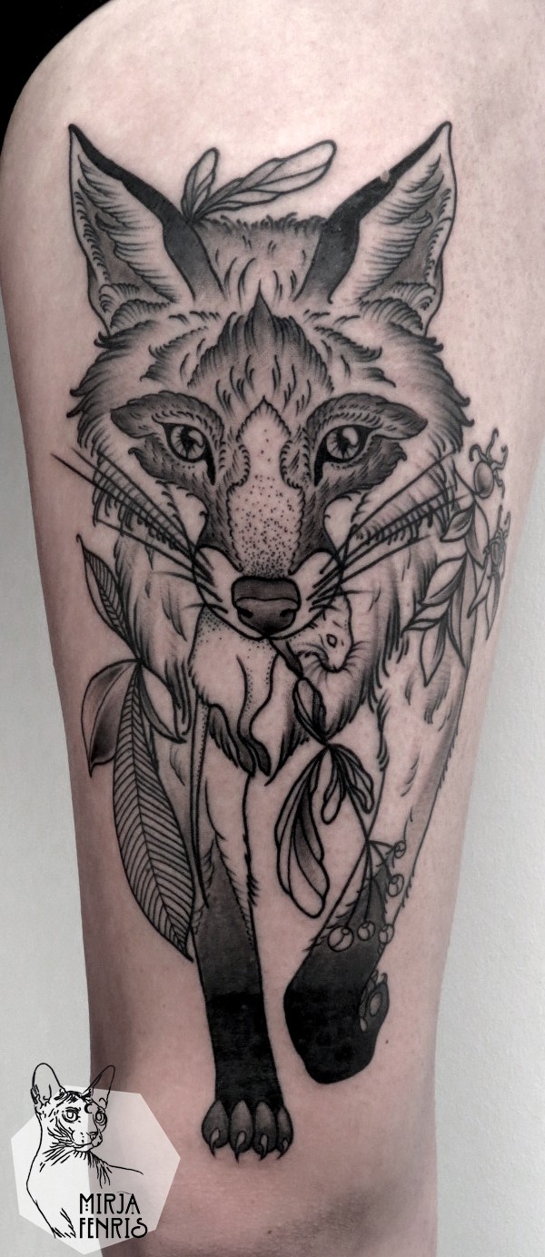 大腿雕刻风格黑色植物和狐狸纹身图案