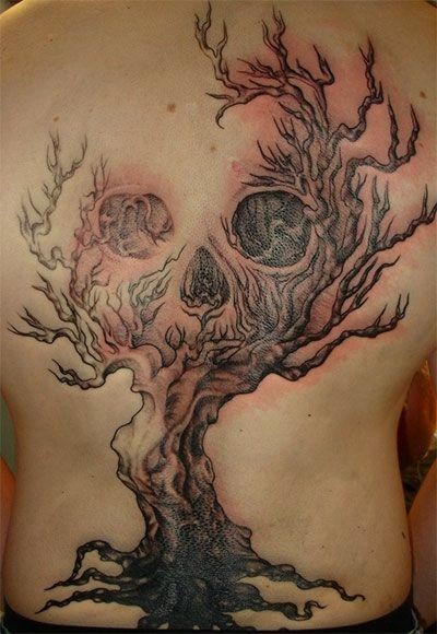 背部一棵树与骷髅变形纹身图案
