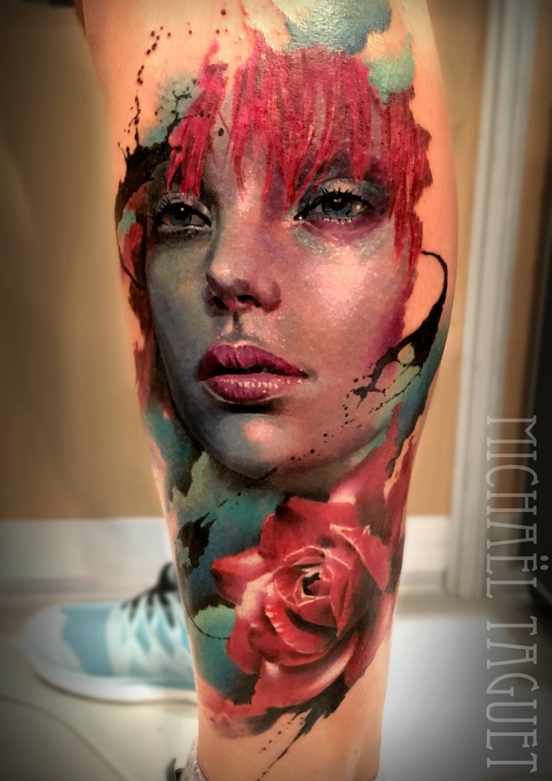 小腿new school彩色玫瑰和女人肖像纹身图案