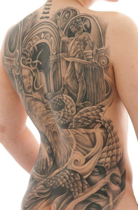 背部古希腊神话主题人物黑白纹身图案