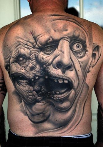 背部恐怖电影的黑灰双头怪物纹身图案