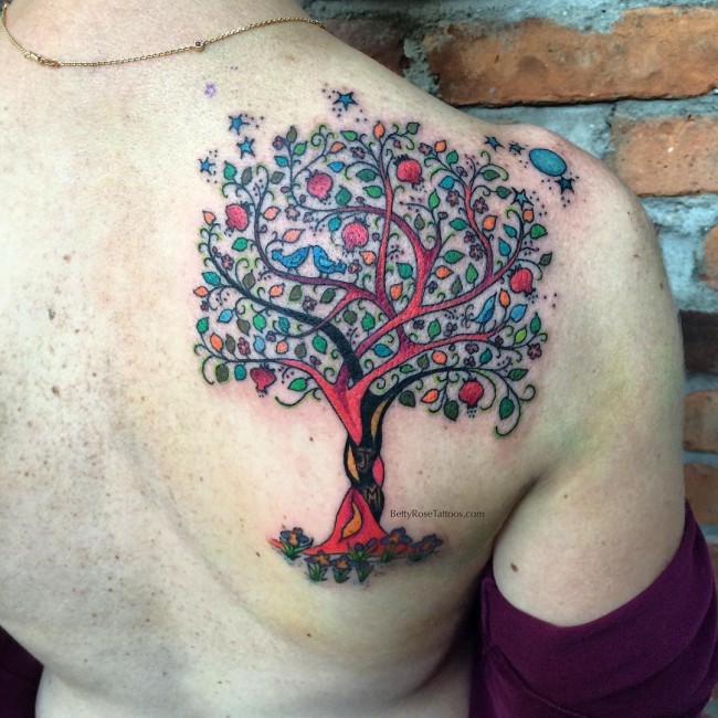 背部彩色幻想树与星星和月亮纹身图案