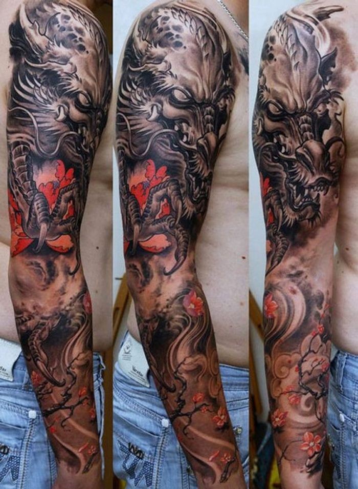 手臂亚洲风格的彩色龙与盛开花朵纹身图案