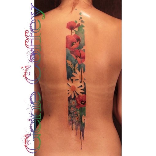 背部各种的野花彩绘纹身图案