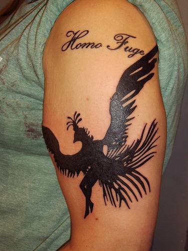 大臂黑色飞行鸟人纹身图案