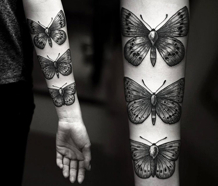 小臂美丽的雕刻风格蝴蝶纹身图案