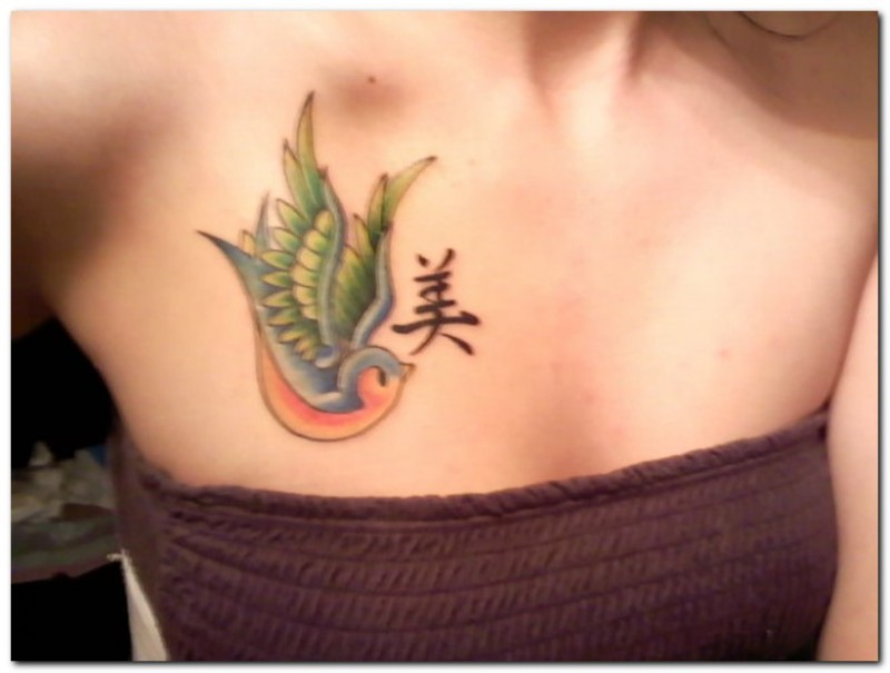 小鸟胸部彩色的小鸟和汉字纹身图案