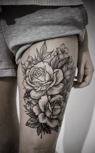 大腿黑白线条大玫瑰纹身图案