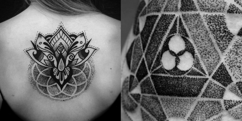 背部黑色点刺蝴蝶和几何纹身图案