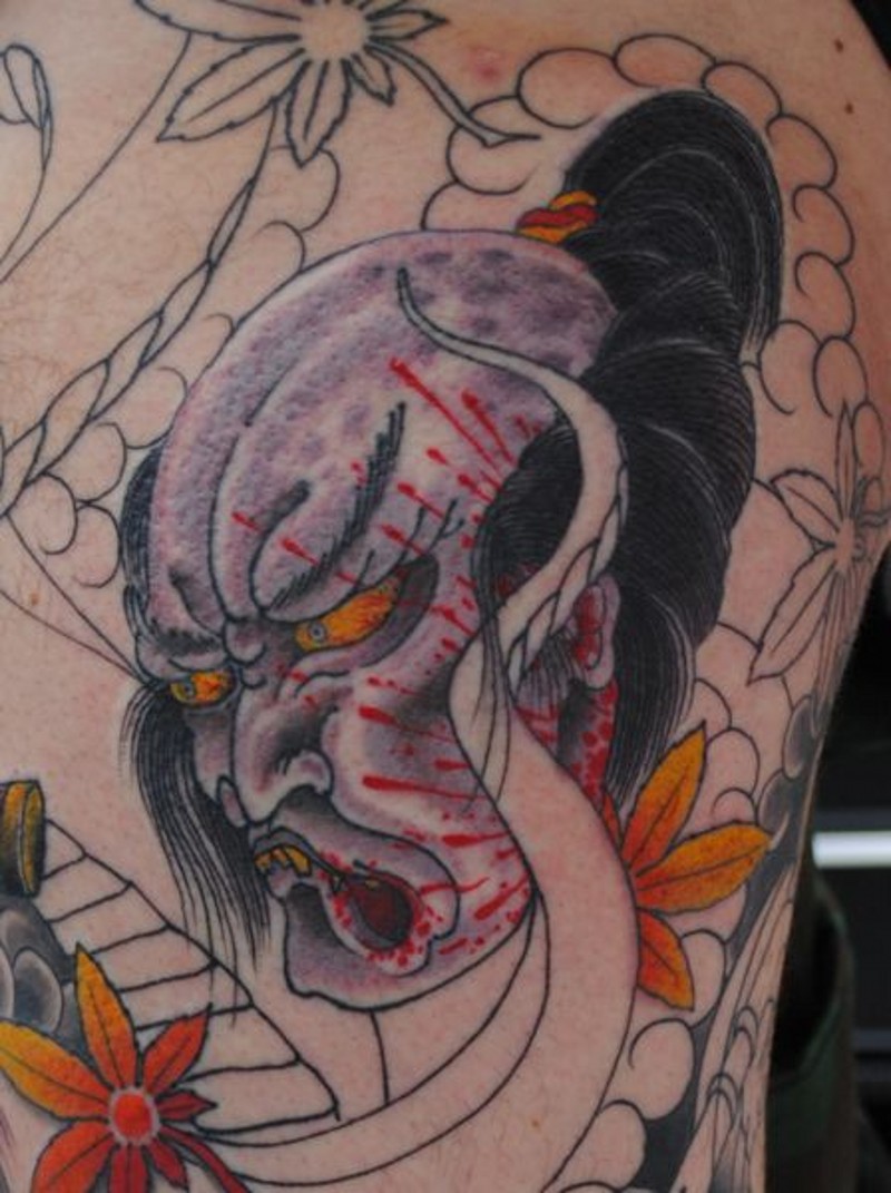 亚洲风格的恶魔生首彩绘纹身图案