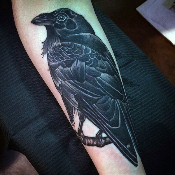 手臂黑色的写实乌鸦个性纹身图案