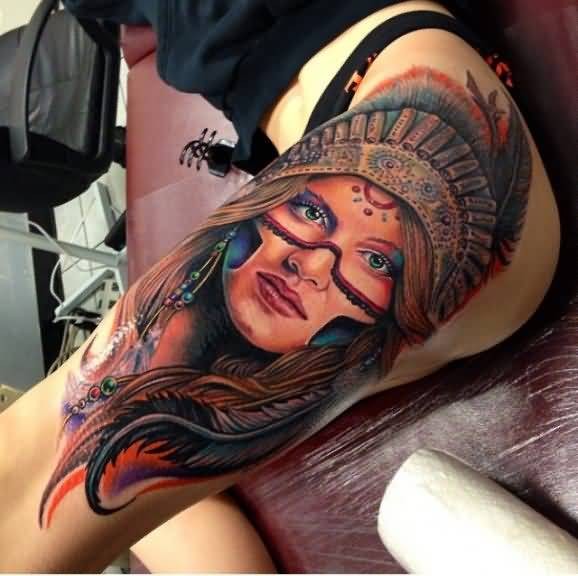 大腿美丽的印度女人肖像彩绘纹身图案