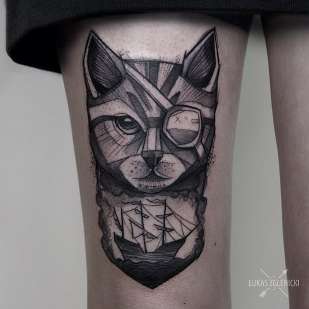 大腿雕刻风格黑色海盗猫帆船纹身图案