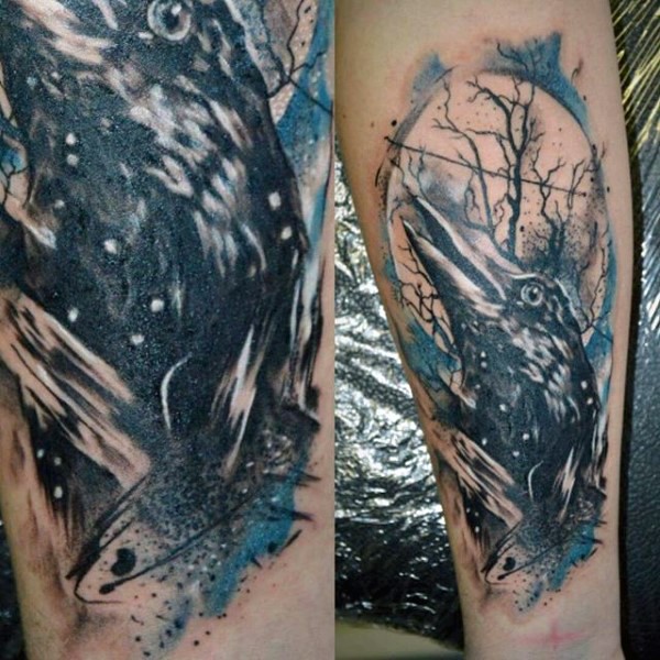 有趣的黑白夜间乌鸦树枝手臂纹身图案