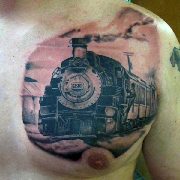 胸部写实的黑色旧火车纹身图案