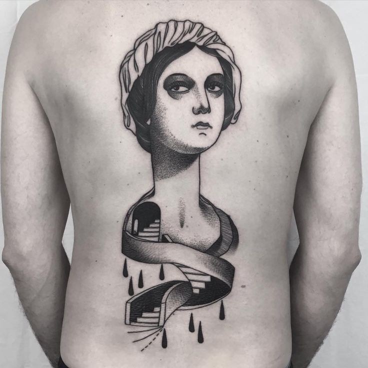 背部超现实主义风格黑色点刺女人楼梯纹身图案