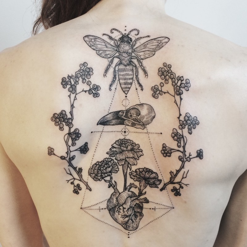 背部黑色线条昆虫植物和乌鸦头骨纹身图案
