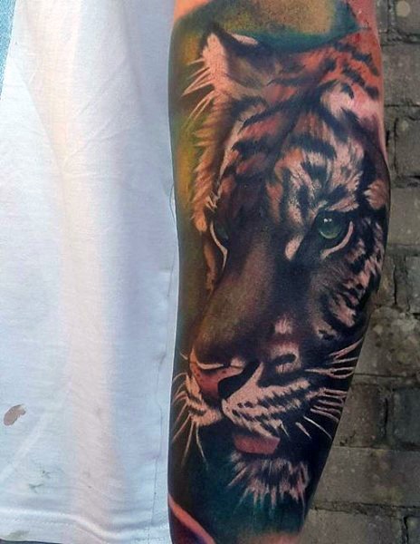手臂美丽的彩色老虎头逼真纹身图案
