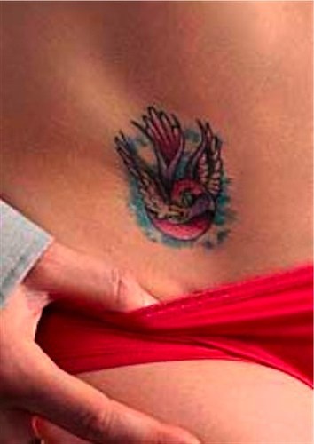 腹部五颜六色的飞行鸟纹身图案