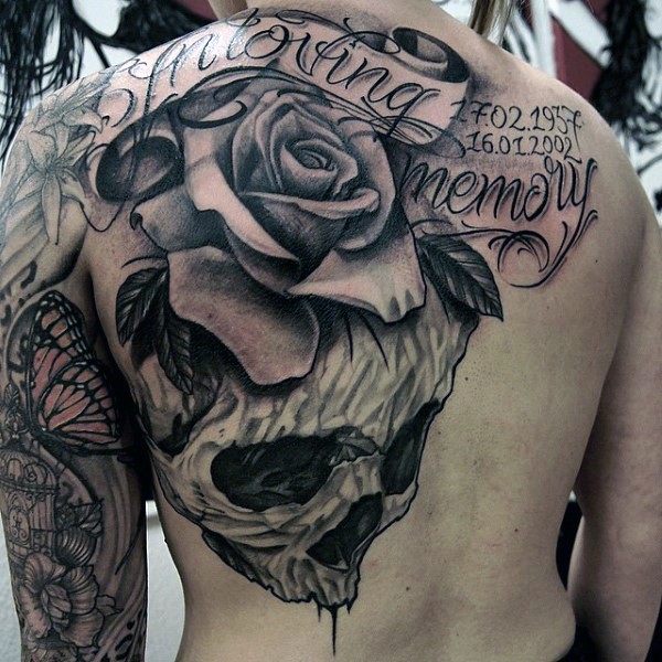 背部华丽的纪念玫瑰字母和骷髅纹身图案